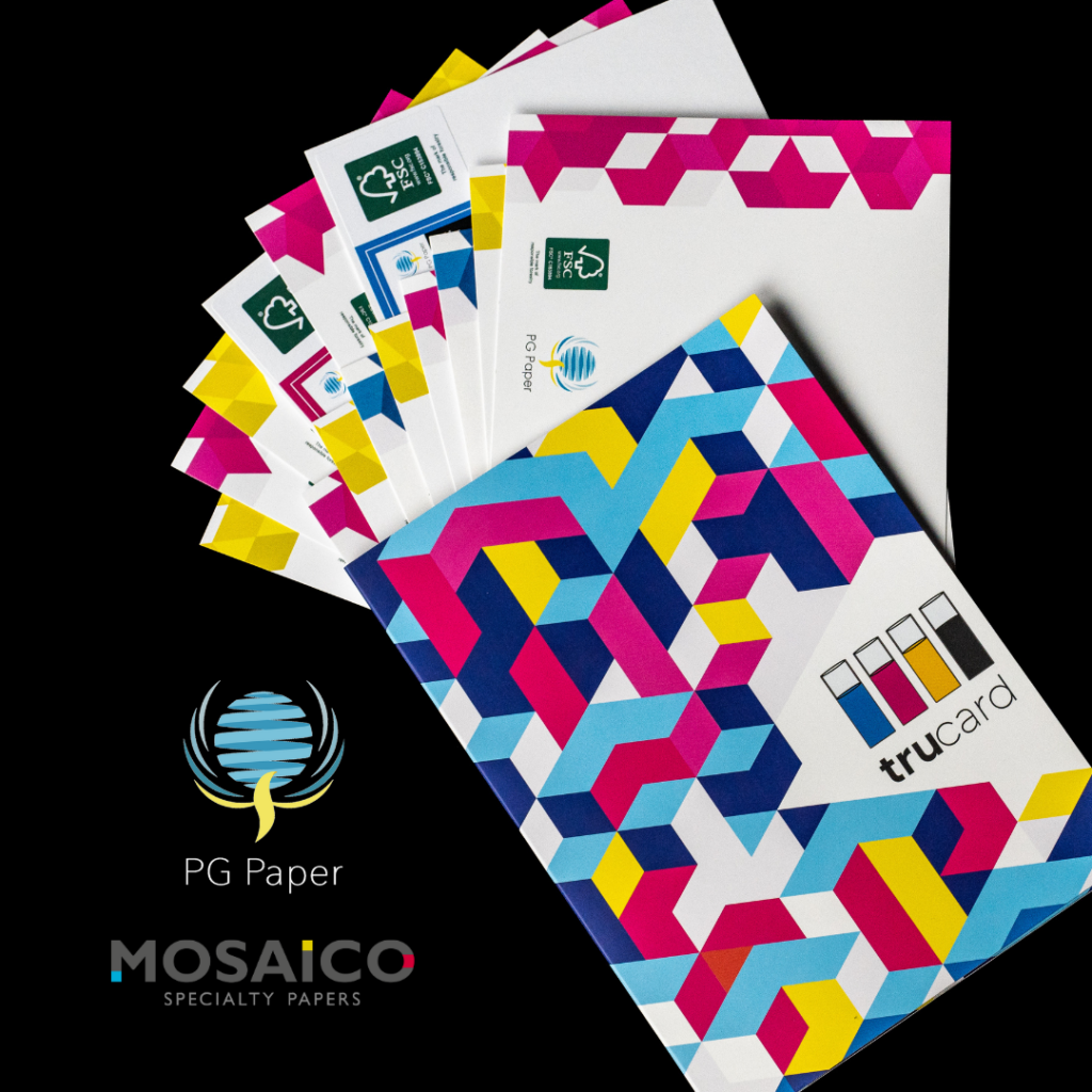 PG Paper and Mosaico Specialty Papers logo with Trucard sample pack