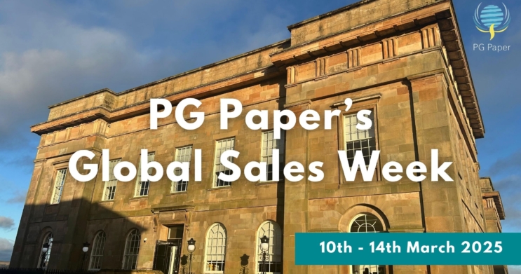 Background features Custom House building located in Greenock, Scotland which is PG Paper Headquarters in the UK.