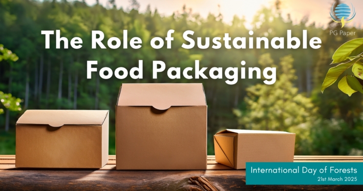 Image of Kraft Paper Boxes of Food Packaging in a Forest Setting with PG Paper branding.