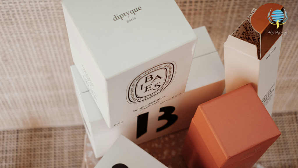 A variety of packaging materials - mainly folding boxboard or carton board in a range of premium cartons.