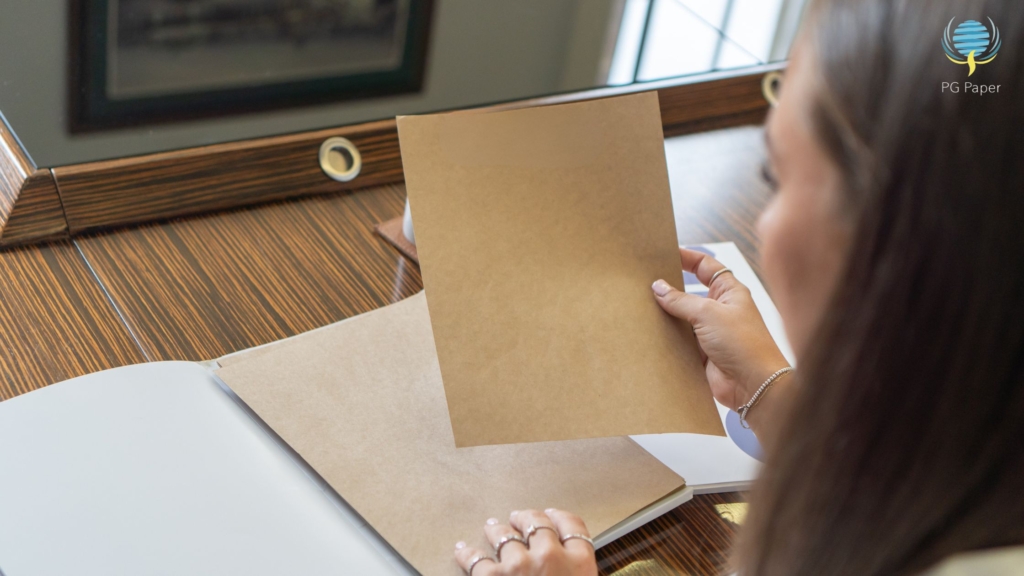 PG Paper logistics coordinator, Erin McGachy looking at kraft paper samples.