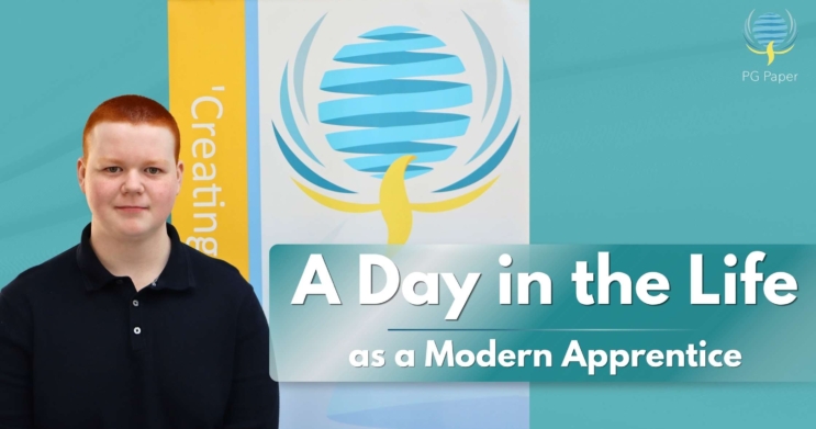 A Day in the Life as a Modern Apprentice at PG Paper Blog banner featuring Joshua Branwhite.