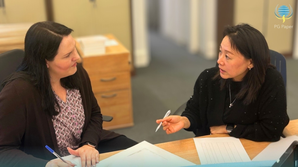(left) Petra, Head of MENA (Middle East and North Africaa Team) talking to (right) Sarah, Head of China for PG Paper Sales Week.