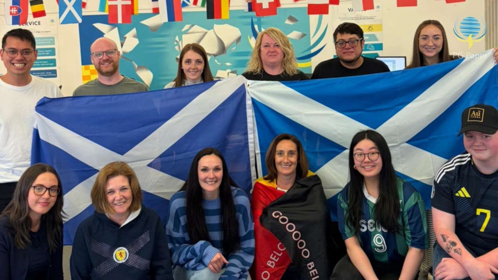PG Paper team showing support for Scotland at the World Cup in PG Paper Headquarters in Greenock 