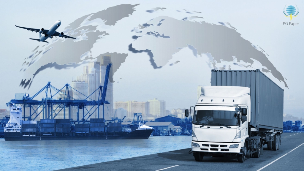 Multiple modes of transport highlighting global trade through air, road and overseas.